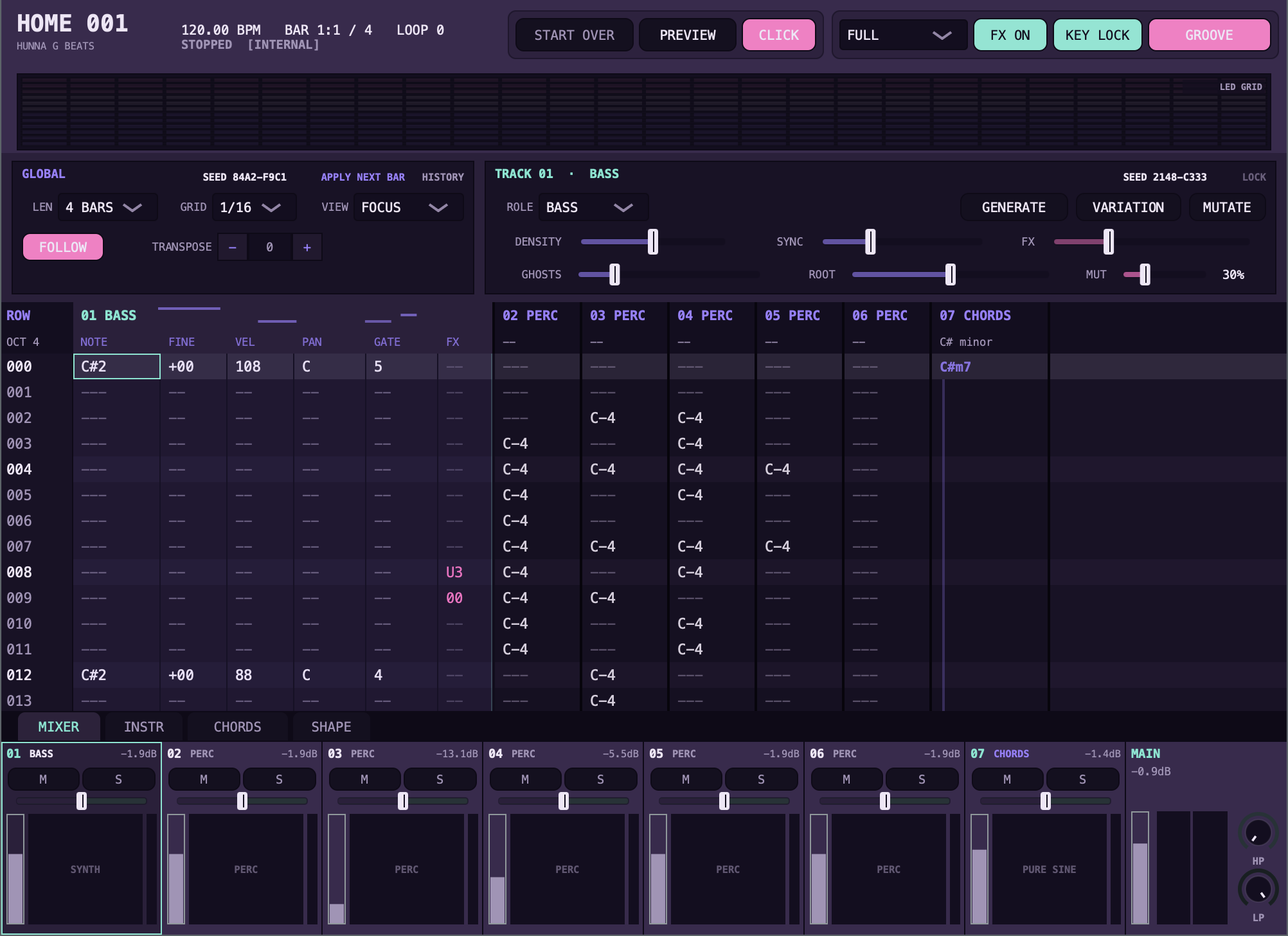 HOME 001 generative tracker instrument interface